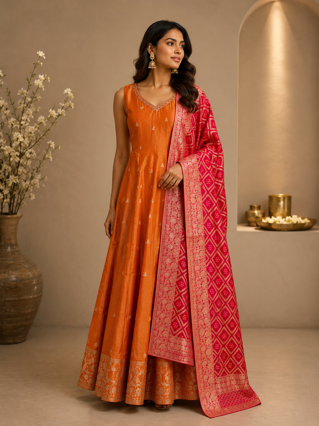 Orange Silk Designer Anarkali Gown with Pink Banarasi Dupatta